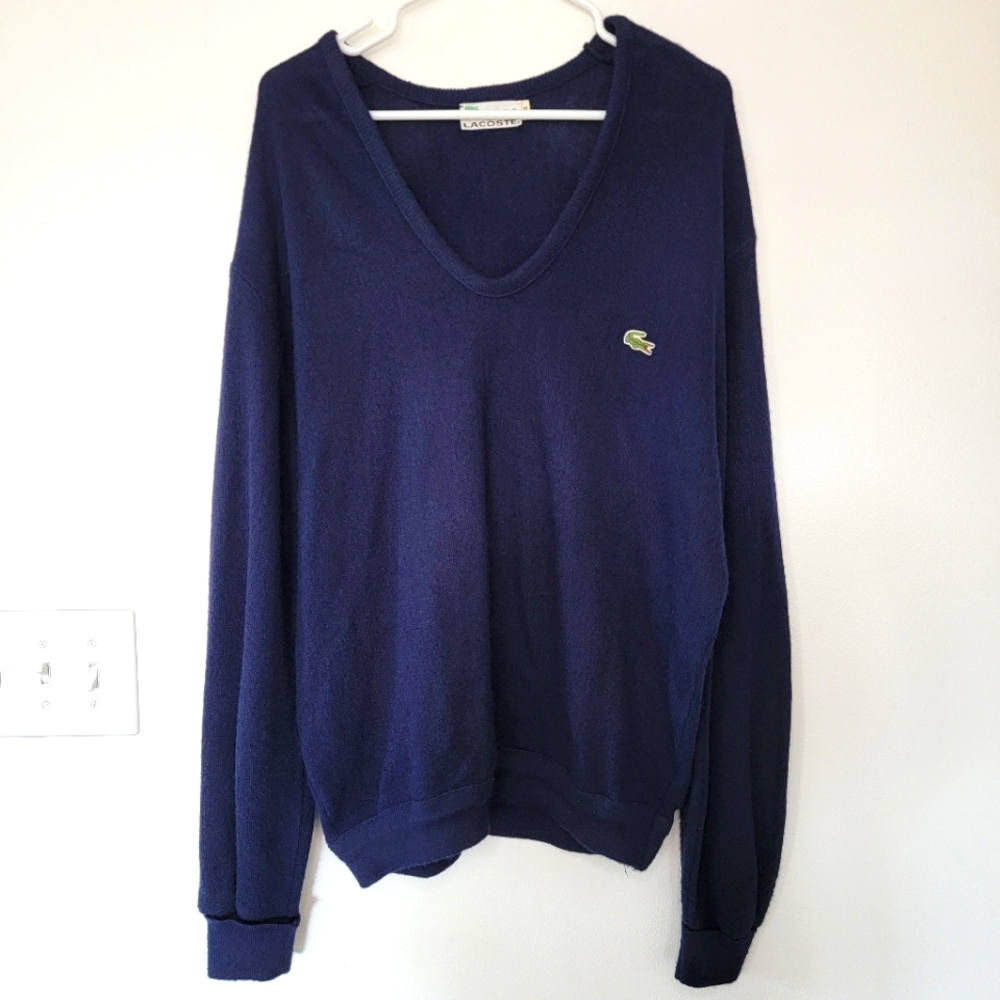 60s Izod Lacoste V Neck Sweater navy blue Vintage XL Slouchy Grandpa alligator